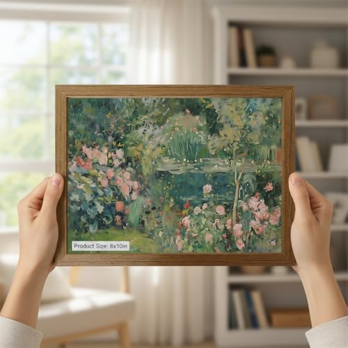 Vintage French Country Garden Framed Wall Art Floral Pond Oil Painting Style Canvas Print Waterproof Gallery Wrapped Decor for Bedroom Living Room Office 12x16in - color: chitang, size: 16"L x 12"W