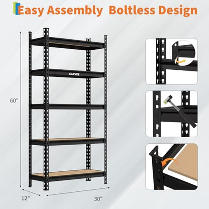 Garvee 5-Tier Heavy Duty Storage Shelves, 2204 lbs Capacity Adjustable Garage Shelving Unit with MDF Boards, Metal Standing Shelf Organizer for Kitchen, Pantry, Basement - 30" W x 12" D x 60" H - size: 60" H x 30" W x 12" D