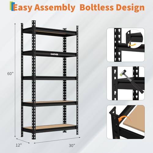 Garvee 5-Tier Heavy Duty Storage Shelves, 2204 lbs Capacity Adjustable Garage Shelving Unit with MDF Boards, Metal Standing Shelf Organizer for Kitchen, Pantry, Basement - 30" W x 12" D x 60" H - size: 60" H x 30" W x 12" D