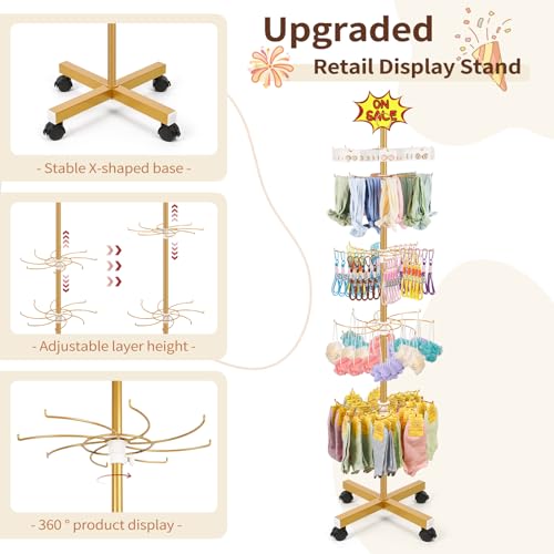Flenpptly Retail Display Stand, 5-Tier Rotating Display Rack for Store Display, Movable and Adjustable Spinning Display Stand for Earrings, Jewelry, Keychains, Socks Display (Gold) - color: Gold
