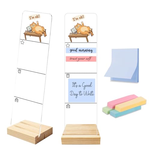 Sticky Notes Monitor Memo Board Acrylic Holder with Removable Wooden Base, Cute Cat I'm Ok Logo Desk Set with 200 Sheets Two Sizes Sticky Notes, Office Desk Accessories Organizer - color: Ok