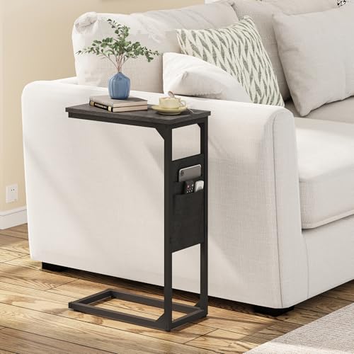 TUTOTAK C Shaped End Table, Side Table for Couch, Sofa Table with Storage Bag, TV Tray for Living Room, Bedroom, Black TB01BK0822 - color: Black, size: 2 Pack (7.9"W), style: Ordinary