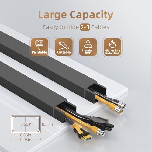 Delamu Black Cord Hider, 85in Cord Covers for 2-3 Wires on Wall, Self-Adhesive Cable Hider, Wire Hiders Wire Covers for TV Cords on Wall, Easy Mount Cable Cover Raceway Kit, W0.95 H0.55in, Black - color: Black, size: 85in L x 0.95in W x 0.55in H