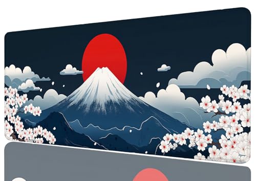 Mount Fuji Mouse Pad Large Red Sun Sakura Blossom Japanese Minimalist Gaming Mouse Pad Mat with Stitched Edge Non-Slip Base 31.5x11.8 Inch - color: Mount Fuji