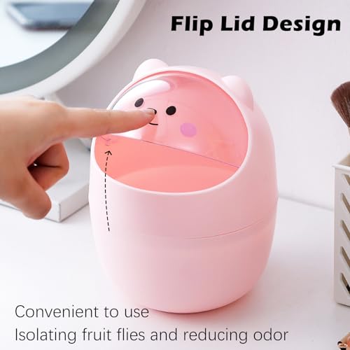 2Pack Small Trash Can with Lid, Cute Mini Trash Can with 4 Rolls of Bin Liners, Tiny Desktop Waste Garbage Bin for Home, Office, Kitchen, Bathroom, Bedroom, Pink & White