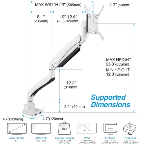 AVLT Single 17"-57" Super Ultrawide Monitor Arm - White | Screens Up to 59.5 lbs Premium Aluminum Desk Stand Adjustable Pneumatic Height Full Motion Swivel Tilt Rotation USB-C&A Ports - color: White-17 to 57 Inch