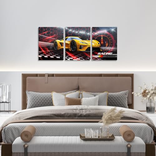Toddler Race Car Canvas Wall Art Set of 3 for Boys,Red Black Honeycomb Wall Art Racing Speed Sports Racing Car Decor,Black And White Grid Buffalo Plaid Lattice Poster Prints Geometric Hexagon,12x16 - color: Orange Black White