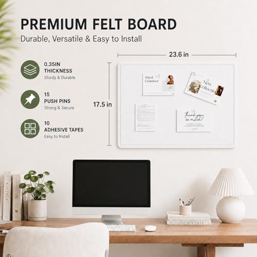 Felt Bulletin Board for Wall 24" x 18" Unfolded Size, Small Frameless Felt Pin Board, Soft Cork Board Alternative for Office, Home Planning, Notes, Photos & Wall Decor, Foldable Shipping, Easy Install - color: White, size: 18" x 24"