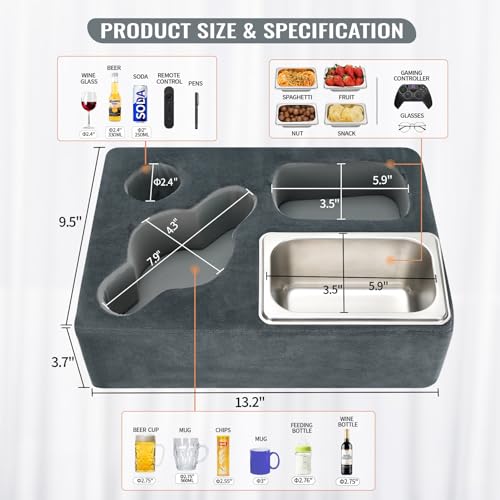 Cup Pillow Holder for Couch – Cup Glass Cozy Pillow | Bed Couch Cup Holder with SS Food Container for Pasta, Fruit, Snacks, Remote | Sofa Drink Buddy for Car, RV, Living Room, Picnic, Camping (Grey)