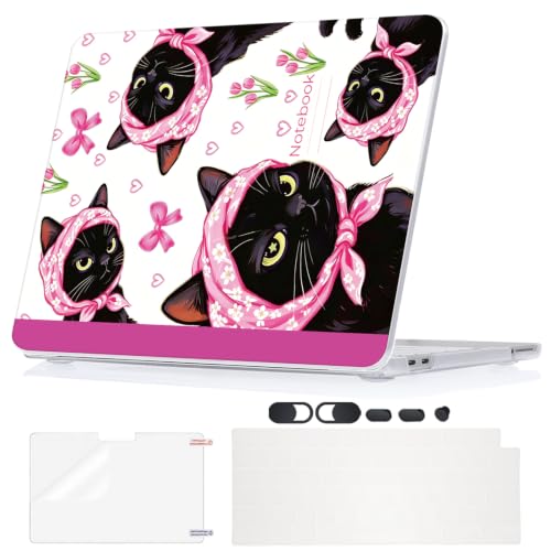 Ultra Slim Case for 2026 MacBook Neo 13 Inch (A3404, A18 Pro), 5 in 1 Kit with Screen Protector, Keyboard Cover, Webcam Cover & Dust Plugs, Cute Black Cat & Dainty Pink Tulip Floral - color: Funny Black Cat