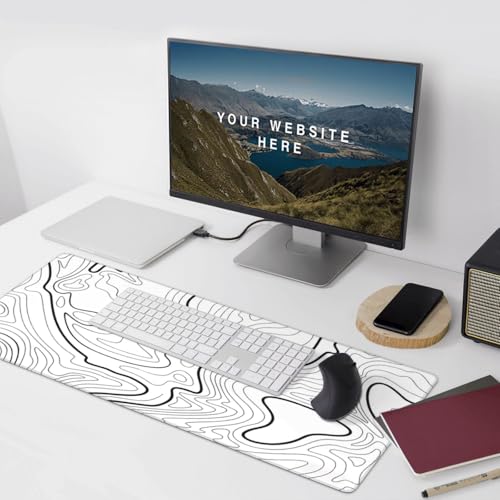 XXL White Topographic Contour Big Mouse Pad Large,Gaming Mouse Pad Desk Pad,35.4x15.7x0.12 Inch Long Computer Keyboard Mouse Mat Mousepad Non-Slip Base and Stitched Edge for Gaming and Office - color: White Topographic Contour, size: 35.4Lx15.7W inches