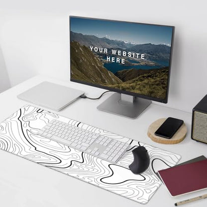XXL White Topographic Contour Big Mouse Pad Large,Gaming Mouse Pad Desk Pad,35.4x15.7x0.12 Inch Long Computer Keyboard Mouse Mat Mousepad Non-Slip Base and Stitched Edge for Gaming and Office - color: White Topographic Contour, size: 35.4Lx15.7W inches