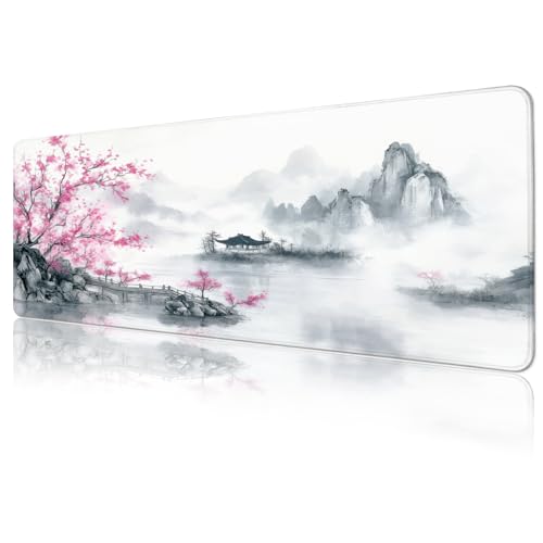 Gaming Mouse Pad, Large 31.5 x 11.8 inches Mousepad, Long Keyboard Pad, Cute Mouse Mat for Computer with Stitched Edges and Non-Slip Base (Pink Cherry Blossoms) - color: Pink Cherry Blossoms