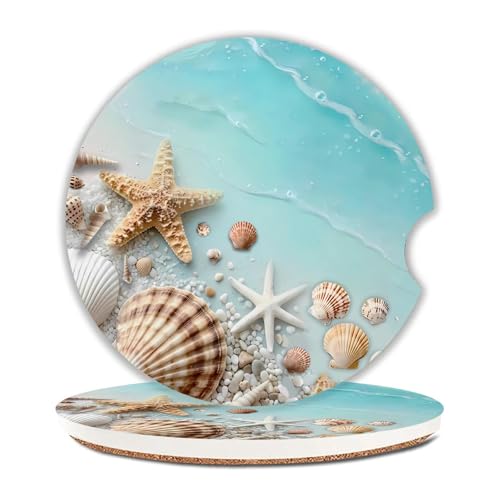Beach Car Coasters for Cup Holders Set of 2 Ocean Shells Absorbent Ceramic Cup Coaster 2.63" Non-Slip Cork Base Drink Coasters with Finger Notch Car Accessories Interior - color: Beach