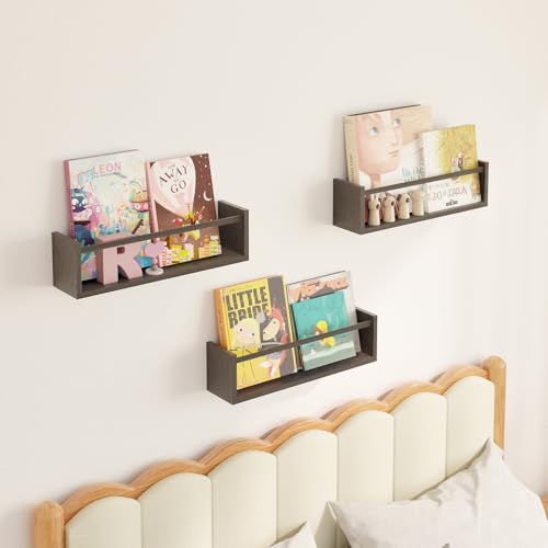Fixwal Nursery Book Shelves, 16.5 Inch Floating Bookshelves for Wall Set of 3, Baby Nursery Decor, Solid Wood Wall Mounted Shelves for Books, Toys and Decor Storage (Brown) - color: Brown, size: 16.5inches