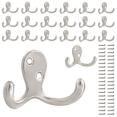 20 Pack Coat Hooks Wall Hooks for Hanging, Heavy Duty Double Prong Metal Hook Wall Mounted for Living Room, Bathroom, Kitchen, Bedroom for Coat, Bag, Scarf, Towel, Hat, Key, Cup (Silver) - color: Silver-20pack