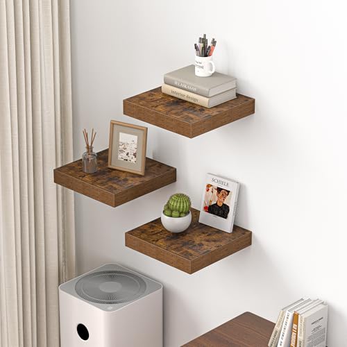 Dreamland 12x12 Floating Shelves for Wall, 12" Deep Thicker Floating Shelves, Wall-Mounted Shelves for Bedroom, Living Room, Kitchen, Bathroom,Rustic Brown - Set of 3 - color: Rustic Brown, size: 12"W x 12"D x 2"H, Set of 3