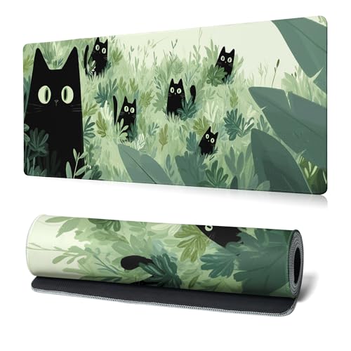 Black Cat Gaming Mouse Pad Large Desk Mat Extended Keyboard Mouse Pad Anime Mousepad with Non-Slip Base and Stitched Edge Mouse Mat Desk Pad 31.5 x 11.8 Mouse Pads for Desk Home Office Gaming - color: Black Cat