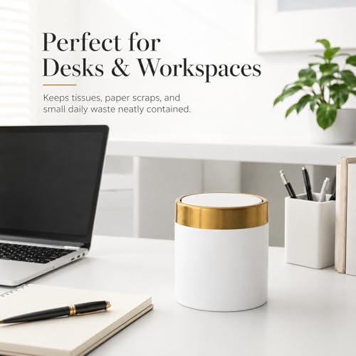 Mini Trash Can with Lid, Metal Small Tiny Mini Trash Bin Can, Mini Countertop Trash Cans for Desk Car Office Kitchen, Swing Top Trash Bin 1.5 L/0.40 Gal (White) - color: White