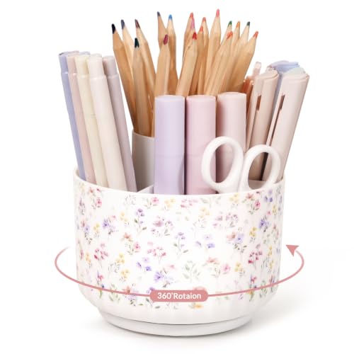SKYDUE Rotating Pencil Pen Holder for Desk, Pencil Cup with 5 Slots | 360 Degree Rotating Desk Organizer, Desk Decor for Office, School, Home - color: Floral