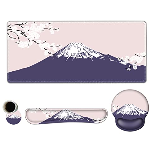 ARTSO Large Mouse Pad Set Ergonomic Keyboard Wrist Rest Support, Memory Foam Gel Wrist Pad, Non-Slip Extended Desk Mat Protector, Pink Sakura Fuji Mountain - color: Pink Sakura Fuji Mountain