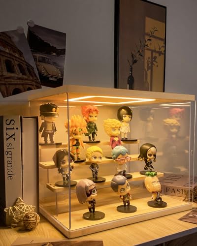 Clear Acrylic Display Case with Light , 4 Tier Display Box Stand Assembly Dustproof Protection Showcase for Collectibles Action Figures (12.6×9.6×10.6in; 32×24.5×27cm) - color: Wood with light, size: 4 Tier 12.6×9.6×10.6in；32×24.5×27cm