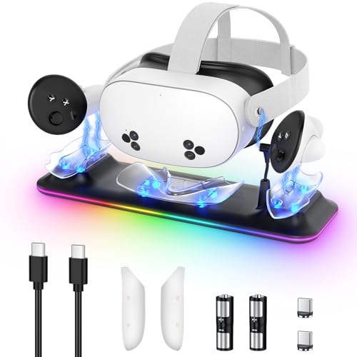 Charging Dock for Meta Quest 3S/3, Kinwin Magnetic Charging Station for Oculus Quest 3S/3 Accessories with RGB Light, Charging Stand for VR Headset & Controller with 2 Rechargeable Batteries (Black) - color: Black