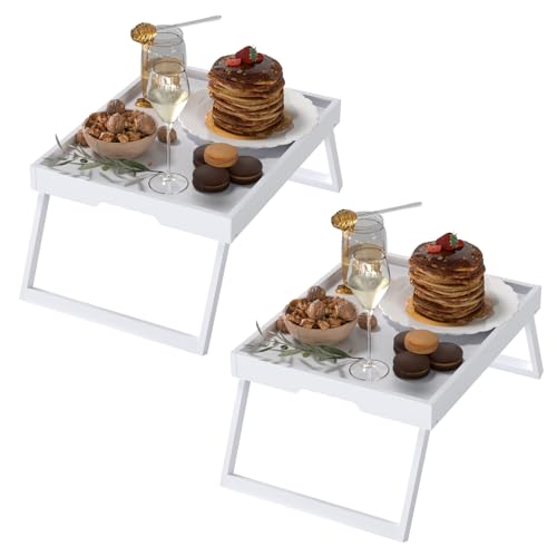 2 Pack Bed Tray Table with Foldable Legs, Bamboo Breakfast Tray for Sofa, Beds, Eating, Working, TV Table, Food, Dinner, Computer Trays, Laptop Desk Snack Folding Trays in Bed, White - color: White, size: Medium - 2pc
