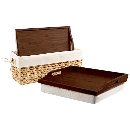 ROSSIE HOME Bamboo Wood Bed Tray, Lap Desk - Set of Two - with Hyacinth Storage Basket - Java - Fits up to 15.6 Inch Laptops - Style No. 70102 - color: Java, size: 2-Pack with Basket