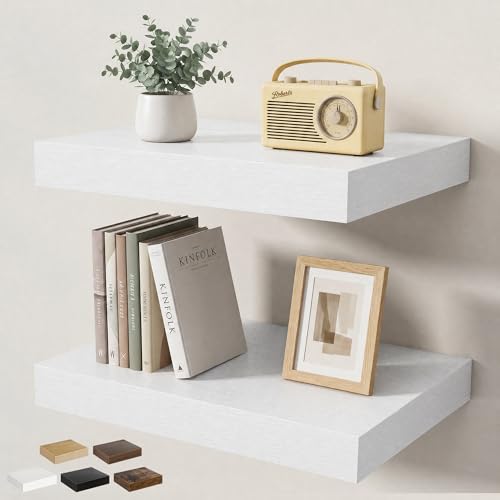 Floating Shelves for Wall 16 in x 9.3 in Deep, Wall Mounted Rustic Wood Shelf with Invisible Brackets for Storage & Display, Living Room Bedroom Bathroom, White, 2 Pack - color: White, size: 16 Inch, 2 pack
