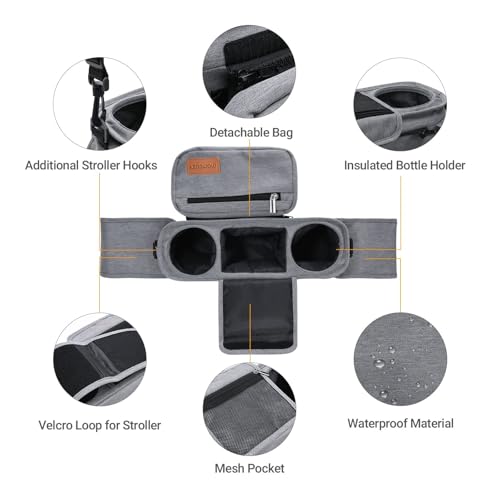 Momcozy Universal Stroller Organizer with Insulated Cup Holder Detachable Phone Bag & Shoulder Strap, Fits for Stroller Like Uppababy, Baby Jogger, Britax, BOB, Umbrella and Pet Stroller - color: Grey