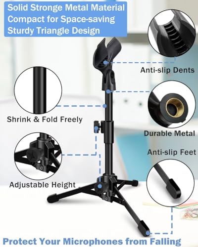 Desktop Mic Stand Portable Foldable Tripod with Mic Clip Holder and 5/8" Male to 3/8" Female Screw Adjustable Microphone Stand.