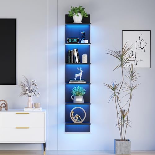 Qupui 6 Tier Wall Shelf Unit with LED Remote Control Light, 57 Inch Floating Storage Home Decor Organizer Shelving for Bedroom Living Room, Black - color: Black