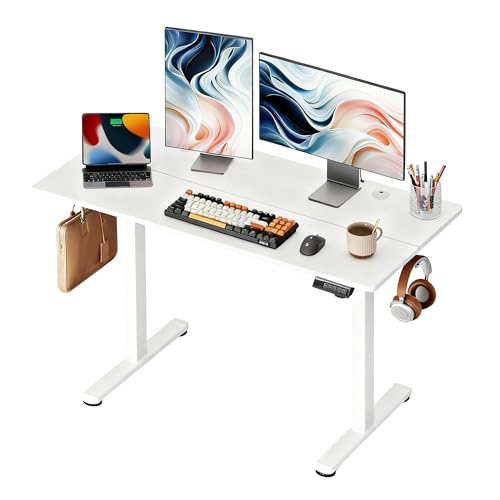 DEVAISE 48 Inch Electric Standing Desk, 3 Adjustable Computer Desk for Home Office, Ergonomic Sit to Stand Desk with LED Touchscreen，Headphone Hook, 3 Memory Preset, with Split Top, White - color: White, size: 48 Inch / Split Top