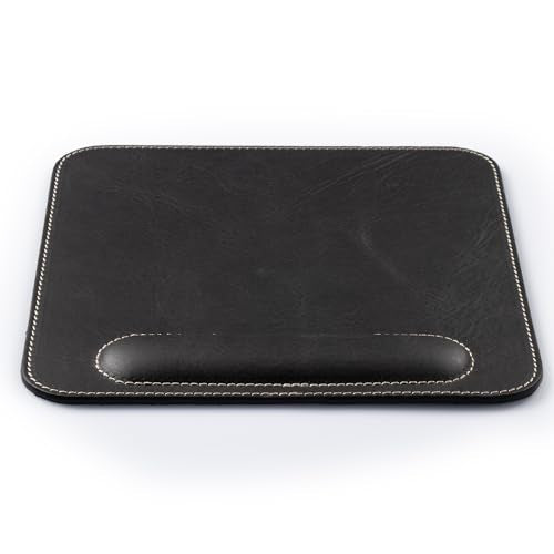Londo Top Grain Leather Mouse Pad with Wrist Rest – Ergonomic Support, Non-Slip Base, Smooth Surface - color: Black