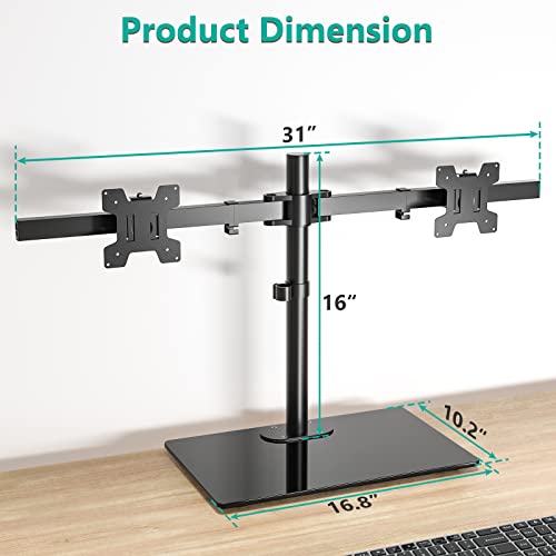 WALI Free Standing Dual Monitor Stand, Height Adjustable Monitor Mount with Glass Base, Fits LCD LED Flat Curved Screen up to 27 inch, 22lbs, with Grommet Base (GMF002) - size: Dual, style: Glass Free Stand
