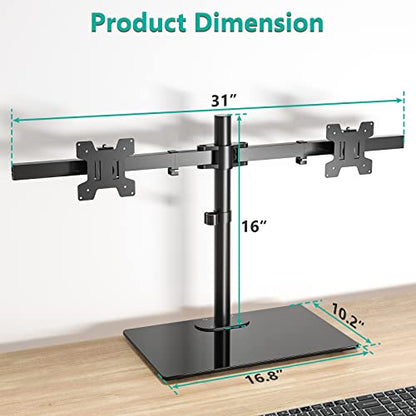 WALI Free Standing Dual Monitor Stand, Height Adjustable Monitor Mount with Glass Base, Fits LCD LED Flat Curved Screen up to 27 inch, 22lbs, with Grommet Base (GMF002) - size: Dual, style: Glass Free Stand