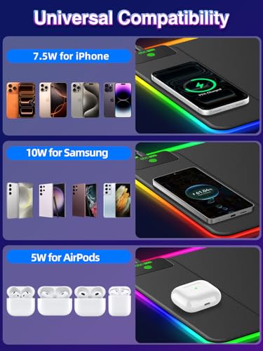 XL RGB Gaming Mouse Pad with 15W Magnetic Wireless Charging, 31.5'' x 11.8'' Extra Large LED Mousepad, 24 Lighting Effects Desk Mat with Non-Slip Rubber Base, Waterproof Ultra-Smooth Surface - color: RGB-31.5"x11.8"