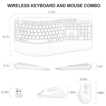Wireless Keyboard and Mouse Combo, 2.4G Full Size Wave Keys Ergonomic Keyboard with Wrist Rest and 3-Level DPI Adjustable Wireless Ergonomic Mouse for Windows, Mac OS Desktop/Laptop/PC(White) - color: White