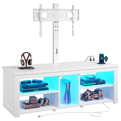 TV Stand with Mount for 55/65/70 Inch TVs Wood TV Stands for Living Room with Power Outlet & LED Lights Entertainment Center Gaming Console for Bedroom, Height Adjustable Swivel TV Mount, White - color: White