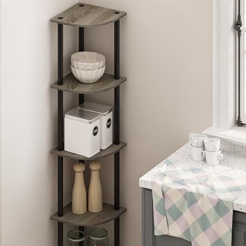 Furinno TURN-N-TUBE Corner Shelf, 5-Tier Corner Bookshelf, Open Storage Shelves, for Organization and Storage, Living Room, Home Office, Garage, Bedroom, French Oak - color: French Oak Grey/Black, size: 5-Tier Round Tube