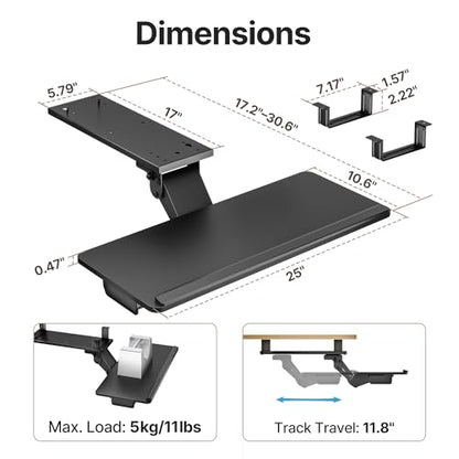 PEGZONE Keyboard Tray Under Desk Slide Out, 25 x 11 inch, Black | with Storage Drawer, Height Adjustable Swivel Tilt, Ergonomic Under Desk Mount Keyboard & Mouse Holder for Gaming Home Office