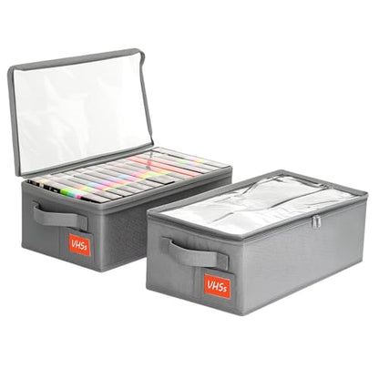 VHS Storage Box – 2 Pack Cassette Tape Storage Organizer with Clear PVC Lid – Stackable Storage Box Holds 14 Clamshell VHS Tapes – Gray Media Case - size: VHS-2Pack-Gray