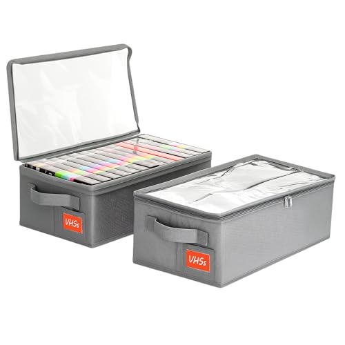 VHS Storage Box – 2 Pack Cassette Tape Storage Organizer with Clear PVC Lid – Stackable Storage Box Holds 14 Clamshell VHS Tapes – Gray Media Case - size: VHS-2Pack-Gray