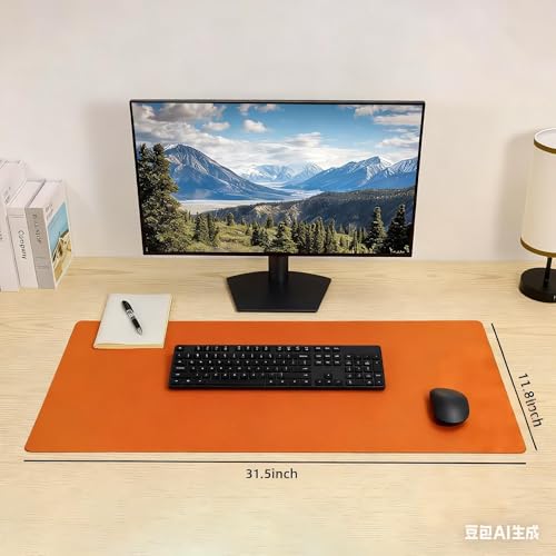Non-Slip Leather Desk Mat, 31.5" x 11.8" Waterproof Laptop Computer Desk Keyboard Pad, Large Mouse Pad for Office,Work, Home, Decor (Orange) - color: Orange