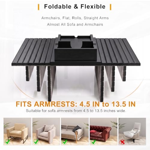 Bestjing Bamboo Couch Armrest Table, Sofa Arm Tray with Detachable Couch Cup Holder- 2 in 1 Anti-Slip Foldable Sofa Armchair Caddy Table for Drinks Cellphone TV Remote Snacks (Black) - color: Black, size: 16.3" x 13.3" x 2"