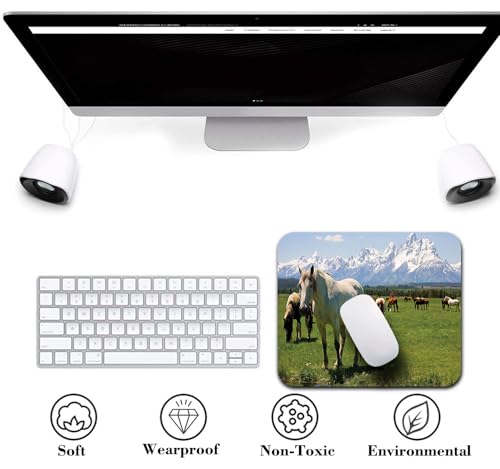 Horses Grazing Mouse Pad, National Park Landscape Lush Meadow Desk Mat | Nature Snowy Idyllic Mountain Peaks, Anti-Slip Rubber Base, Silky Smooth Surface, Cute Office/Gaming Mousepad - color: Color_CNt