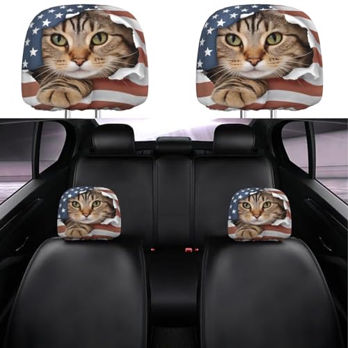 Dujiea 2 Pack American Flag Cat Car Headrest Covers, Universal Soft Car Seat Head Rest Cover Protector, Vehicle Accessories Fabric Headrest Cover for Cars Vans Trucks - color: American Flag Cat