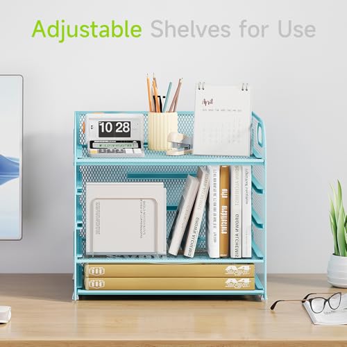 Cawukege 5 Tier Paper Organizer with Handle, Blue Metal Mesh Desk Organizer File Folder Paper Letter Tray Desktop Document Sorter for Classroom, School, Office Accessories Organization and Storage - color: Blue