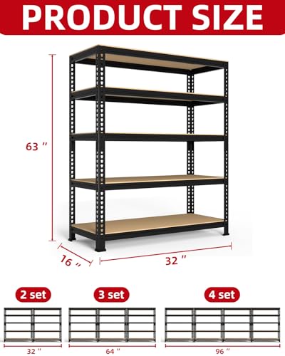PrimeZone 32" W x 16" D x 63" H Storage Shelves - 5 Tier Adjustable Garage Storage Shelving, Heavy Duty Metal Storage Utility Rack Shelf Unit for Warehouse Pantry Closet Kitchen, Black - size: 32"W x 16"D x 63"H